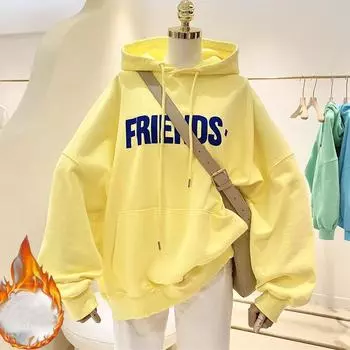 2024 осень-зима флисовая толстовка с капюшоном harajuku с принтом букв y2k толстовки женская одежда утолщенная с длинным рукавом свободная желтая толстовка уличная одежда M