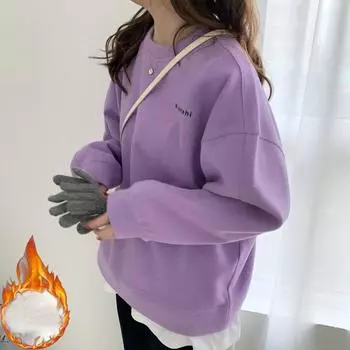 2024 осень зима флисовые толстовки harajuku с принтом букв толстовки женская одежда длинный рукав утолщенный теплый свободный фиолетовый толстовка уличная одежда M