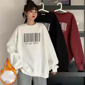 2024 осень зима флисовые толстовки harajuku с графическим принтом толстовки женская одежда длинный рукав утолщенный теплый свободный свитшот уличная одежда M