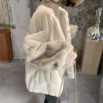 2024 осень-зима искусственный мех кролика женская средняя и длинная плюшевая одежда свободное пальто из овечьей шерсти шерстяное пальто с воротником-стойкой XS абрикосовый
