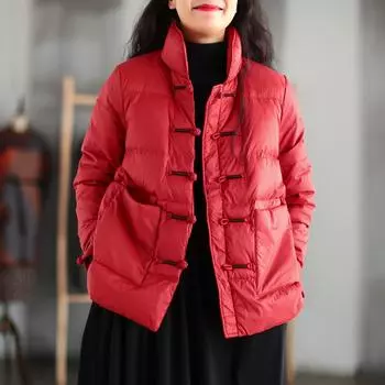 2024 осень-зима китайский стиль ретро литературный воротник-стойка пряжка легкий и тонкий короткий пуховик женский белый утиный пух теплая куртка M красный