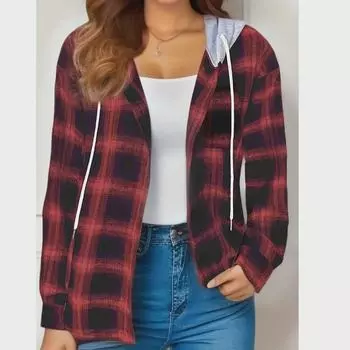 2024 Осень/Зима Клетчатый свитер с капюшоном на пуговицах Повседневная рубашка для женщин S