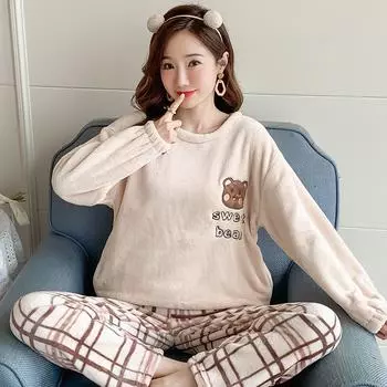 2024 Осень-зима, комплекты одежды для сна для молодых девушек, женский милый мультяшный принт с медведем, комплект пижамы с длинными рукавами, теплая пижама из кораллового флиса, домашняя одежда, костюм M