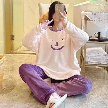 2024 Осень-зима, комплекты пижам для молодых девушек, женский милый забавный принт, комплект пижамы с длинными рукавами, теплая пижама из кораллового флиса, домашняя одежда, фиолетовый костюм M