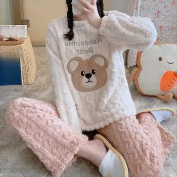 2024 осень зима Коралловый бархат пижамный комплект А-класса с длинным рукавом женские пижамы утолщенные пуловеры милый мультяшный медведь повседневная домашняя одежда костюм одежда для сна M