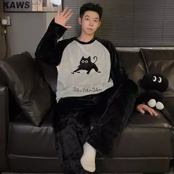 2024 осень зима коралловый флис мультфильм пижамы комплект утолщенная фланель теплая пижама мягкая пижама мужская пижама домашняя одежда мужская одежда для отдыха L