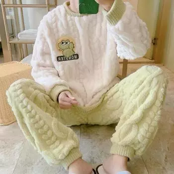 2024 осень зима коралловый флис однотонный пижамный комплект мальчик утепленная фланель теплая пижама мягкая пижама мужская пижама домашняя одежда мужская одежда для отдыха L