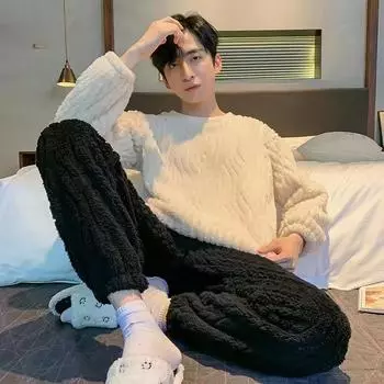 2024 Осень Зима Коралловый флис Однотонный пижамный комплект Мальчик Утепленная фланель Теплая пижама Мягкая пижама Мужская пижама Домашняя одежда Мужская одежда для отдыха L