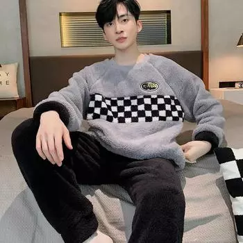 2024 Осень Зима Коралловый флисовый клетчатый пижамный комплект для молодых мальчиков Серый утепленный фланелевый теплый комплект одежды для сна Мягкая пижама для мужчин Пижама для дома Мужская одежда для отдыха L