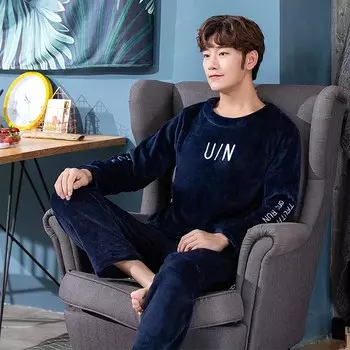 2024 осень зима коралловый флисовый пижамный комплект с буквами утепленная фланель теплая пижама мягкая мужская пижама домашняя одежда мужская одежда для отдыха L темно-синий