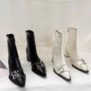 2024 Осень Зима Лакированная Кожа Туфли Женские Ботинки На Массивном Каблуке Сексуальные Короткие Ботинки На Высоком Каблуке Женские Botas De Mujer 35 бежевый