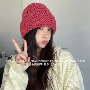 2024 осень-зима легкая вязаная шапка, толстая шерсть, маленькое лицо, повседневная универсальная теплая защита для ушей, однотонная шерстяная шапка M56-58cm розы красного