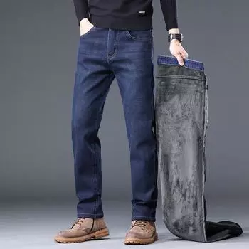 2024 Осень/Зима Легкие Деловые Плюшевые Утолщенные/Обычные Свободные Прямые Эластичные Универсальные Повседневные Длинные Брюки Для Мужчин 28 синий