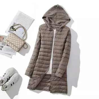 2024 осень-зима легкий пуховик женский средний и длинный с капюшоном вязаная шапка сращивание пальто с легкой теплой курткой M