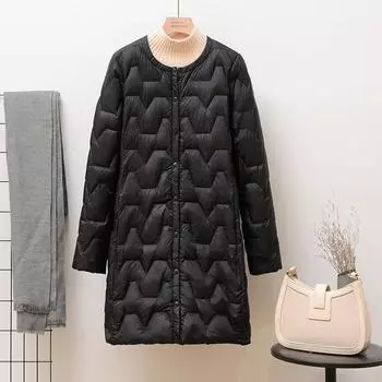 2024 осень-зима легкий пуховик женский средний и длинный корейский вариант тонкий и модный круглый вырез зимняя куртка с длинными рукавами L