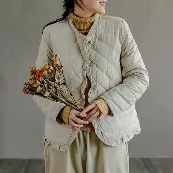 2024 осень-зима литературно-художественная легкая и тонкая куртка без воротника женская кружевная конструкция однотонная теплая короткая куртка прилив M чёрный