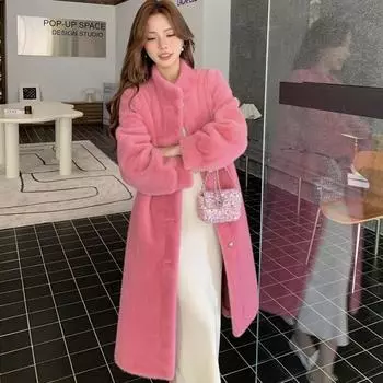 2024 осень-зима меховая интегрированная куртка женская норковая бархатная средняя и длинная экологически чистая искусственная шуба из меха утолщенная S [suitable for 90-60kg] чёрный