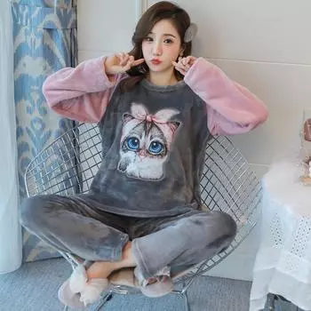 2024 Осень-зима Милые комплекты пижам для девочек Женский милый мультяшный принт с котом Комплект пижамы с длинными рукавами Теплая пижама из кораллового флиса Домашняя одежда Костюм M белый