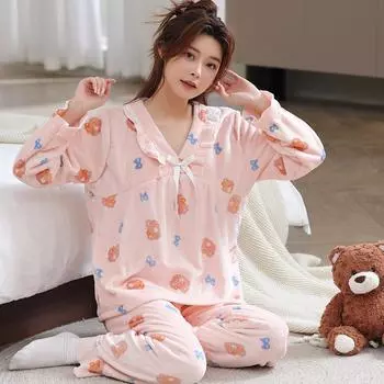 2024 Осень-зима Милые розовые пижамы для девочек, женские милые пижамы с принтом мультяшного кота с длинными рукавами, теплая пижама из кораллового флиса, домашняя одежда, костюм M