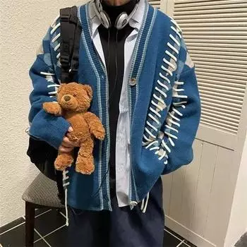 2024 Осень Зима Мода Y2K Повседневный мужской кардиган свитер с длинным рукавом Хлопок V-образный вырез Корейское пальто Мужская ретро мужская одежда M синий