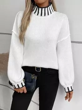 2024 Осень/Зима Модная Новая Женская Элегантная Трикотажная Толстовка С Цветными Блоками Украшения Полувысокий Воротник Свободная Ретро Толстовка S хаки