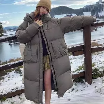 2024 Осень/Зима Модные майяры средней и длинной длины до колена, толстые свободные куртки, зимние модные хлопковые куртки S чёрный