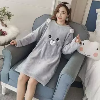 2024 Осень Зима мультяшный принт мини ночные рубашки и пижамы для молодых девушек теплая фланелевая ночная рубашка с длинным рукавом женская одежда для сна рубашка домашняя одежда Clohtes M