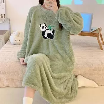 2024 Осень Зима Мультяшный принт Ночные рубашки и пижамы для молодых девушек Теплая фланелевая ночная рубашка с длинным рукавом Женская одежда для сна Рубашка Домашняя одежда Clohtes M