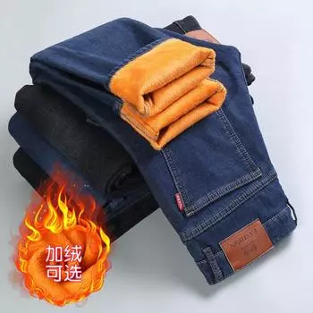 2024 Осень/Зима Мужские Джинсы Свободные Прямые Эластичные Длинные Брюки С Плотным Бархатом Для Повседневного Теплого Отдыха 28 темно-синий