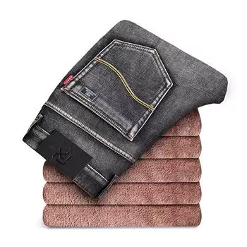 2024 Осень/Зима Мужские Плюшевые Плотные Эластичные Джинсовые Прямые Брюки Теплые Эластичные Повседневные Брюки 28