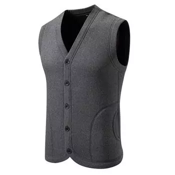 2024 Осень Зима Мужской Жилет Мужское Флисовое Пальто Жилет Мужской Кардиган На Пуговицах Мужской Утолщенный Теплый Однотонный V-образный Вырез Повседневные Куртки XL темно серый