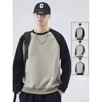 2024 Осень/Зима Новая американская ретро-толстовка с капюшоном, мужская свободная модная футболка, контрастный низ, круглая горловина, длинный рукав, топ для мужчин M чёрный