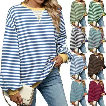 2024 Осень/Зима Новая Цветная Блокировка Сплайсинг Свободная Длинные Рукава Полосатый Круглый Вырез Толстовка Для Женщин S