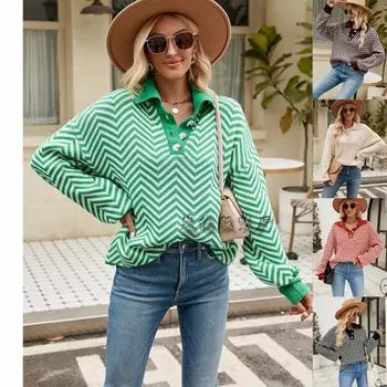 2024 Осень/Зима Новая Европейская И Американская Женская Мода Полосатый Трикотаж Длинный Рукав Цветной Блок Воротник Свитер S зелёный