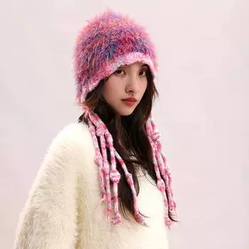 2024 Осень/Зима Новая красочная ретро вязаная шапка Lei Feng теплая полосатая цветная шапка с ушками из пряжи с перьями one size светло-розовый