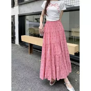 2024 Осень/Зима Новая модная французская плиссированная юбка с цветочным принтом в стиле пэчворк с высокой талией Юбка А-силуэта QT2467 one Size чёрный