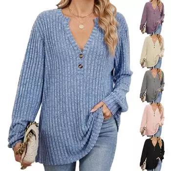 2024 Осень/Зима Новая однотонная футболка с длинными рукавами и накладными пуговицами для женщин S розовый