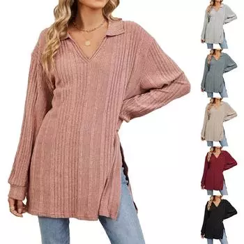 2024 Осень/Зима Новая однотонная свободная футболка с V-образным вырезом и длинными рукавами для женщин S чёрный