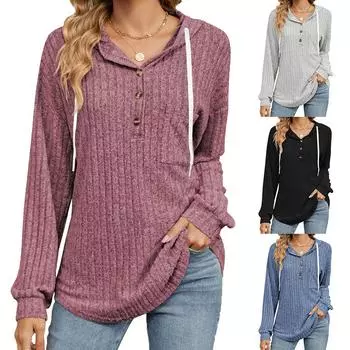 2024 Осень/Зима Новая однотонная толстовка с капюшоном и карманом на пуговицах с длинным рукавом для женщин S чёрный