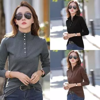 2024 осень-зима новая рубашка-низ женская с длинными рукавами и полувысоким воротом простая повседневная сотня с внутренним теплым верхом S чёрный