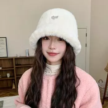 2024 осень-зима новая шапка женская плюшевая панама теплая универсальная большая окружность головы шапка-ведро показывающая лицо маленькая панама M (56-58cm) Love Label бежевый