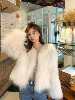 2024 осень-зима новая шуба из искусственного меха енота женская короткая с длинными рукавами зашифрованная утолщенная шуба из лисы S белый