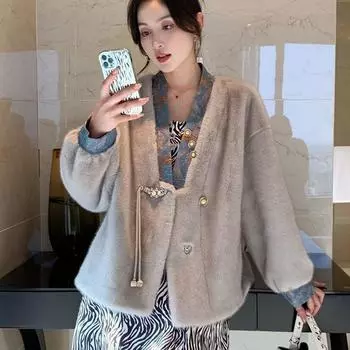 2024 осень-зима новая шуба из искусственной норки в китайском стиле женская маленькая ароматная короткая шуба из овечьей шерсти с интегрированным мехом S 85-110