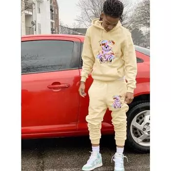 2024 Осень/Зима Новая Свободная Толстовка С Принтом Из Мультфильма С Медведем Мужская Толстовка С Капюшоном Производитель Оптовая S чёрный