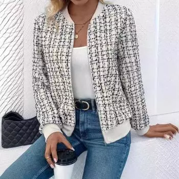 2024 Осень Зима Новая Винтажная Куртка Молния С Длинным Рукавом Пальто Бейсбольная Форма Повседневная Женская Одежда Трансграничного Повседневного Типа S белый