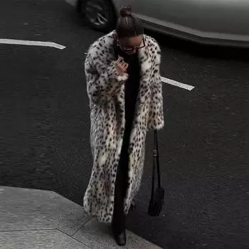 2024 осень-зима новая женская куртка с леопардовым принтом плюс длинный тренчкот с отворотами из искусственного меха шуба S