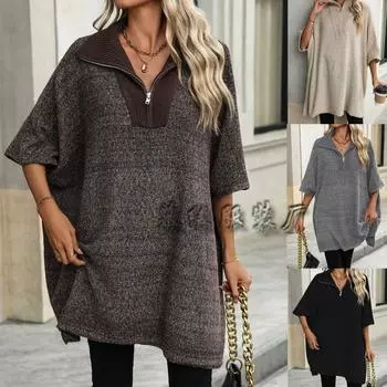 2024 Осень/Зима Новая женская мода средней и длинной длины вязаный свитер с длинным рукавом и воротником-молнией S чёрный