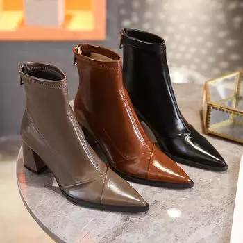 2024 Осень/Зима Новая женская обувь Корейская мода Остроконечные задники Молния Высокий каблук Короткие сапоги Толстые каблуки Классические женские сапоги 34 чёрный