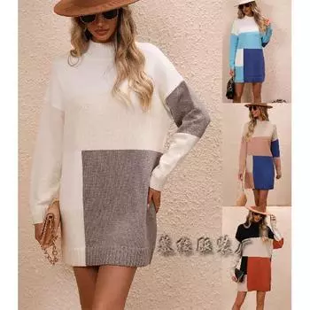 2024 Осень/Зима Новое цветное европейское и американское платье с круглым вырезом, вязаный свитер, большой длинный свитер для женщин S