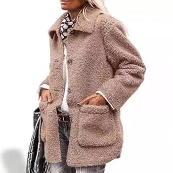 2024 Осень/Зима Новое Длинное Модное Универсальное Пальто Из Ягненка Для Женщин S хаки